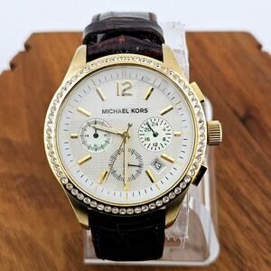 Michael Kors Women's Gold Tone Multi Dial Glitz Watch Brown Leather Band MK-5014